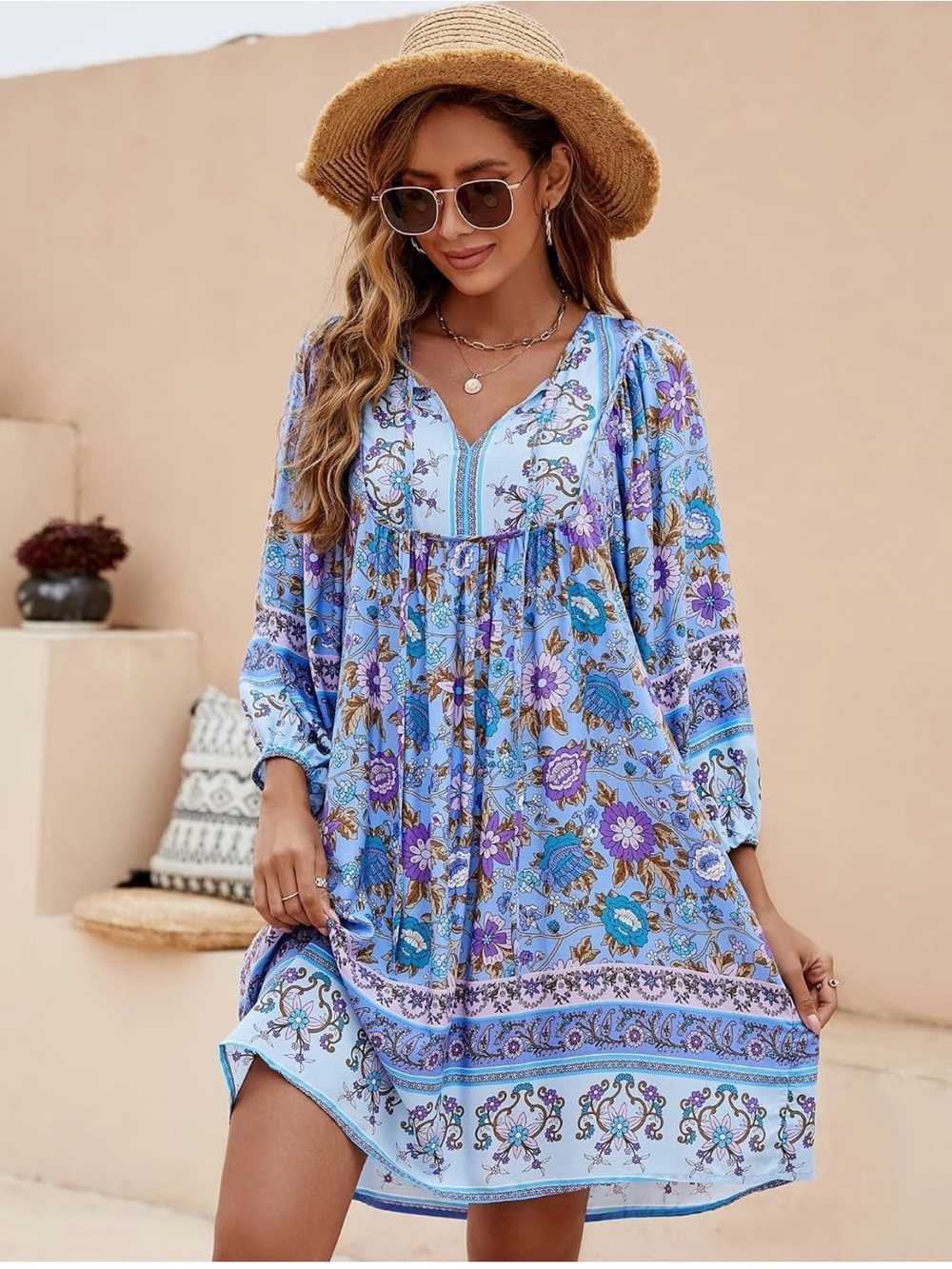Bohemian Floral Tie Neck Swing Dress